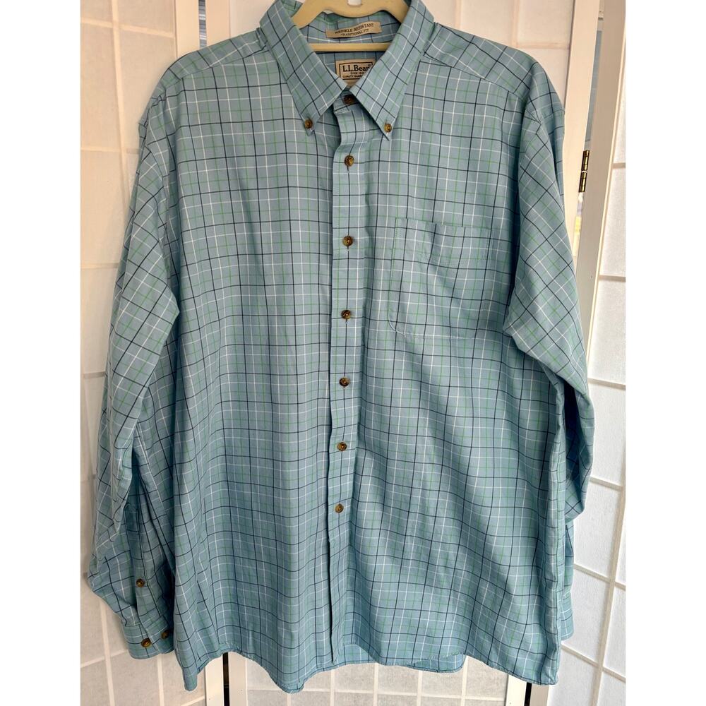 L.L. Bean Men’s XL Wrinkle Resistant Blue Plaid Button Down Shirt Cotton Casual